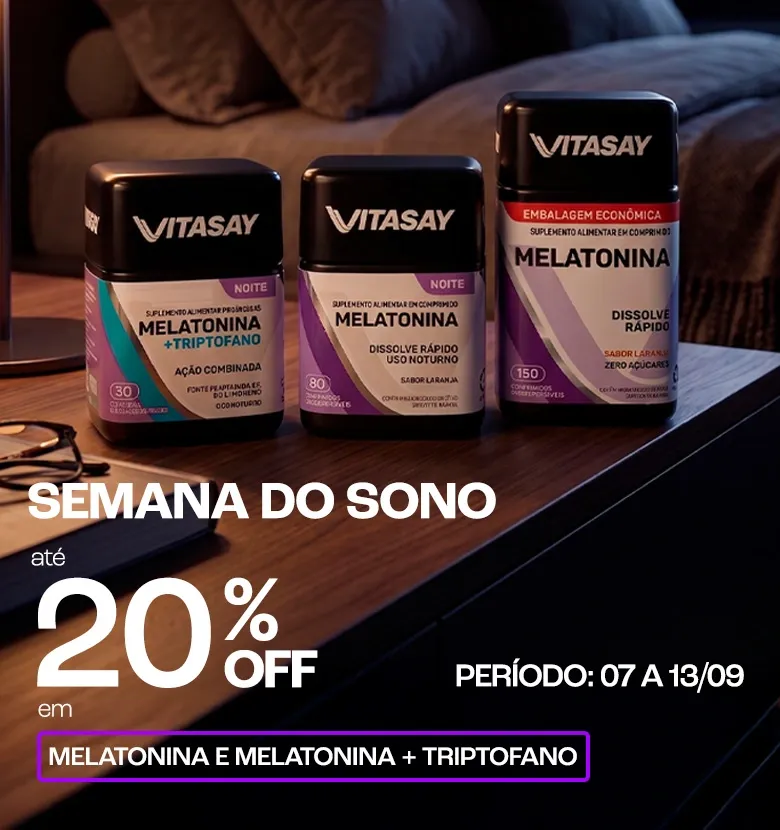Banner promocional de Vitasay anunciando até 20% off em melatoninas.